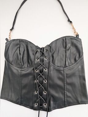 Women's (Large) Edgy Black Faux-Leather Lace-up Bustier/Corset w/Elastic Back